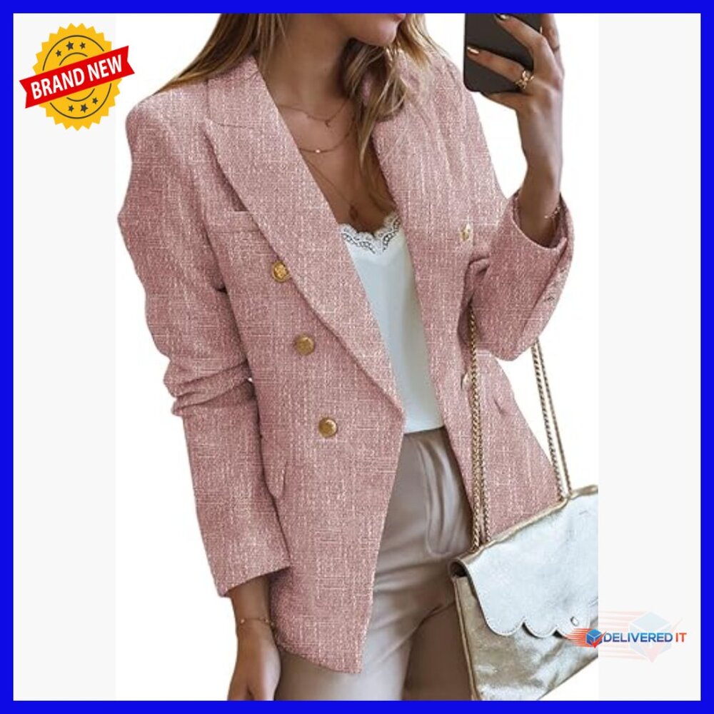 Tweed Blazer Double Breasted Open Front Long Sleeve Business Casual Jacket